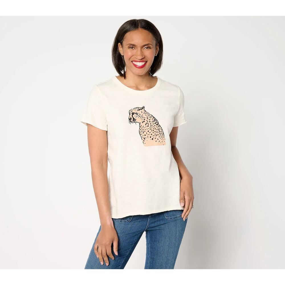 Studio Park x Amy Stran Womens Slub Jersey Crewneck Graphic T-Shirt Sz 3X Ivory